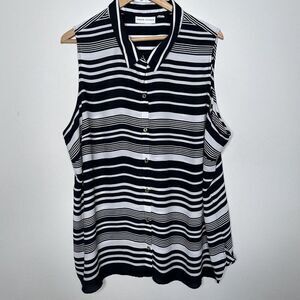 Susan Graver Women's 24W Button Front Black & White Sleeveless Tunic Top Stripe